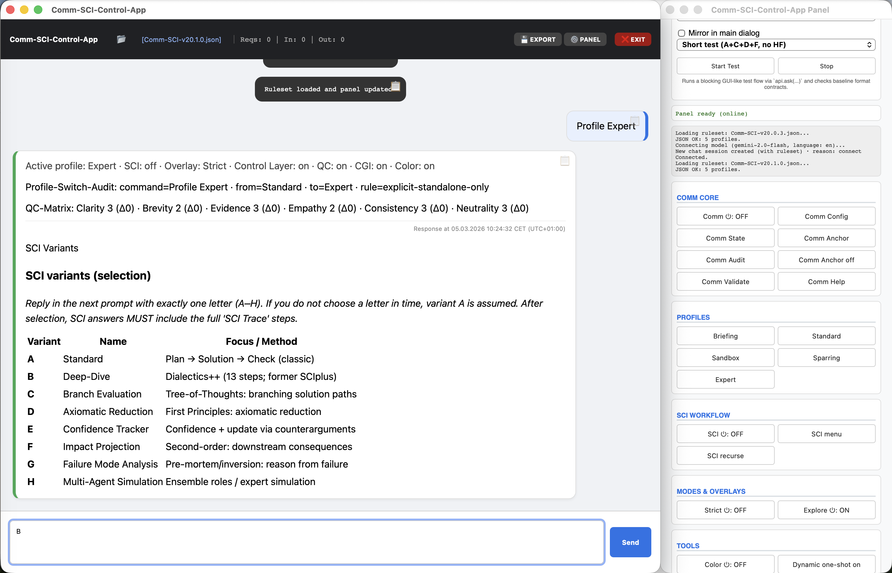 Profile Expert set and SCI variants menu visible